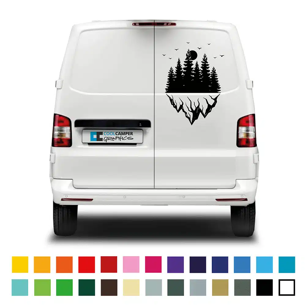 Transporter Camper Van Rear Mountain Over Trees Graphic