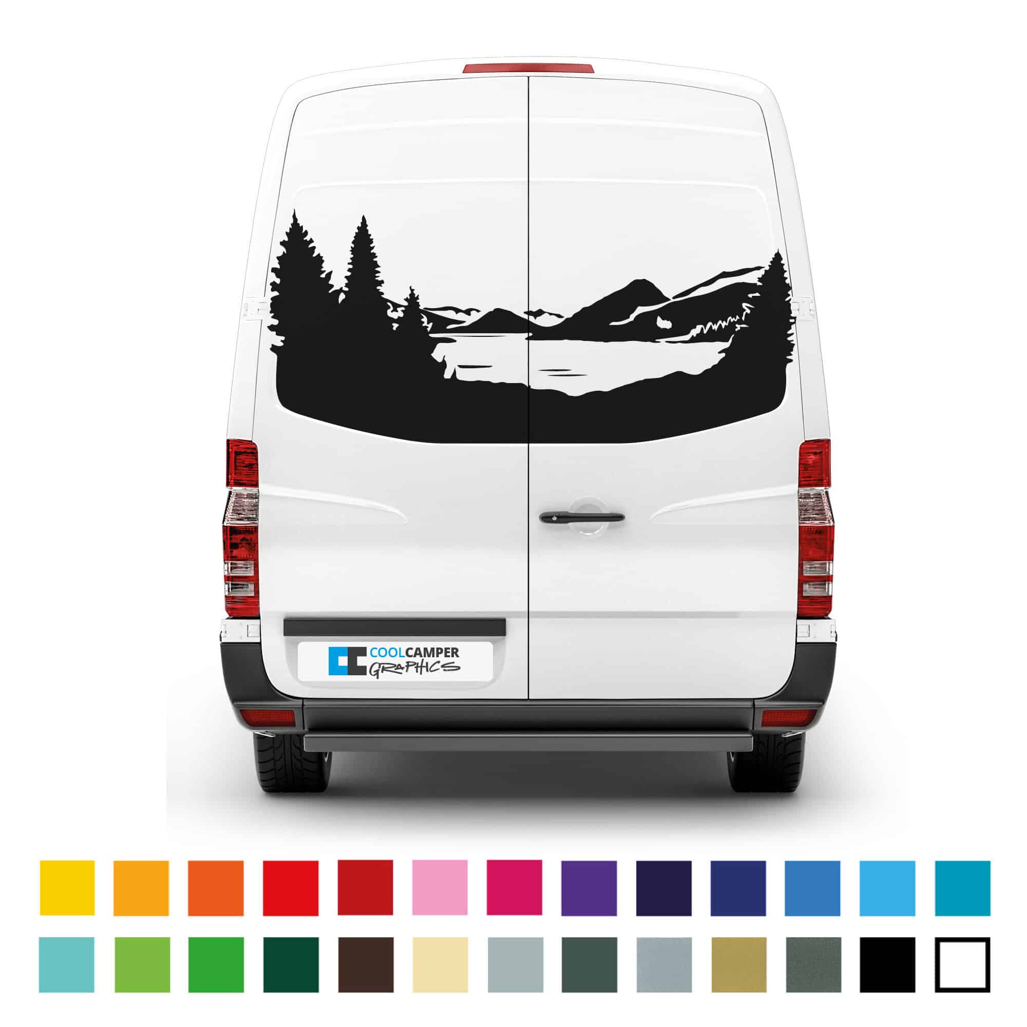 Mercedes Sprinter Van Camper Van Rear Mountain Lake Stripe Graphics Decals